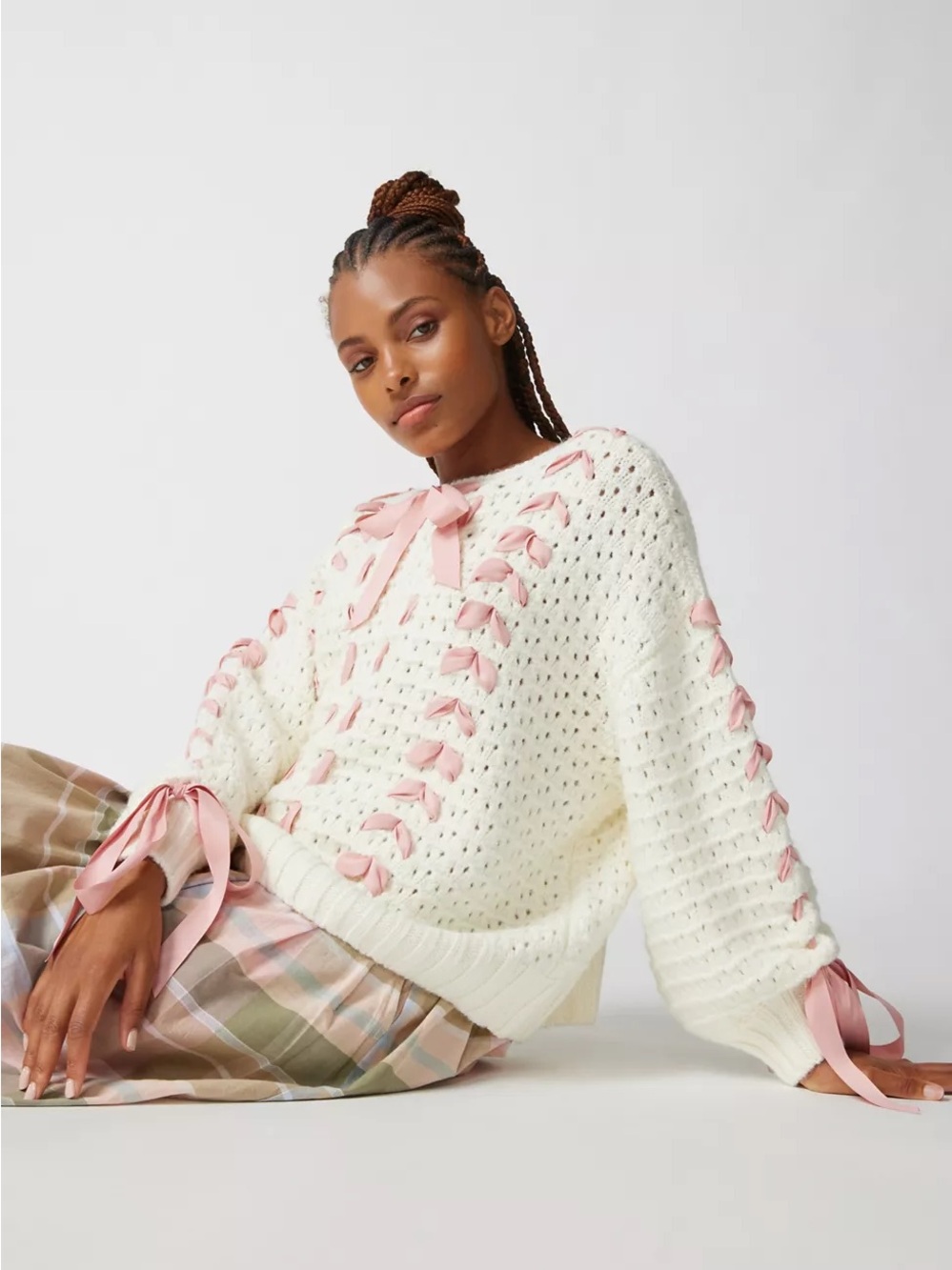 For Love & Lemons Laurel Oversized Cream & Pink Ribbon Sweater size small NEW - Picture 7 of 14